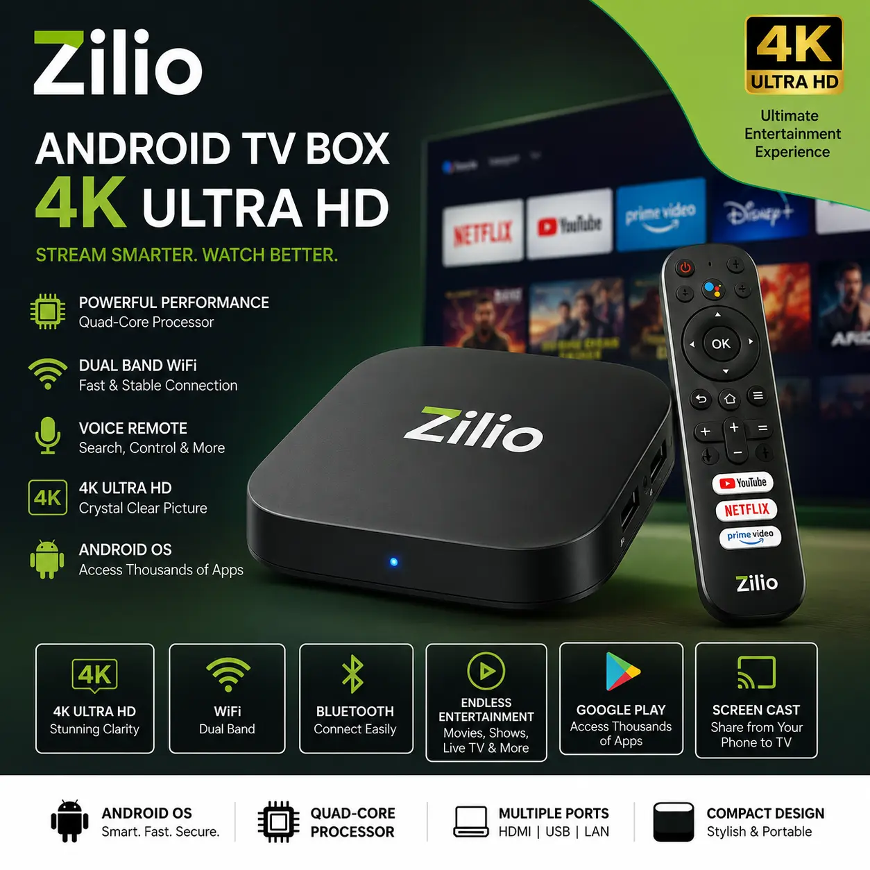 Zilio Android TV Box 4K Ultra HD Streaming Device